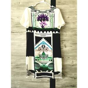 Mary Katrantzou Gold Multicolored Graphic/Floral Print Silk Dress Size UK10 US 6